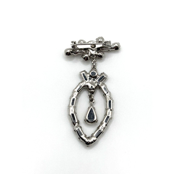 VTG Rhinestone Brooch Dangle Teardrops Silver Tone Sparkles - Picture 2 of 10
